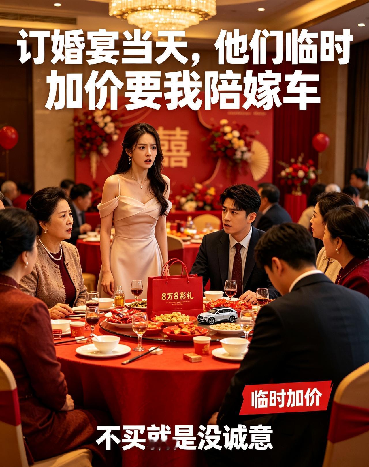 订婚宴当天临时加价！8万8彩礼谈好，上桌突然逼我再陪嫁车：不然就是没诚意
 
真