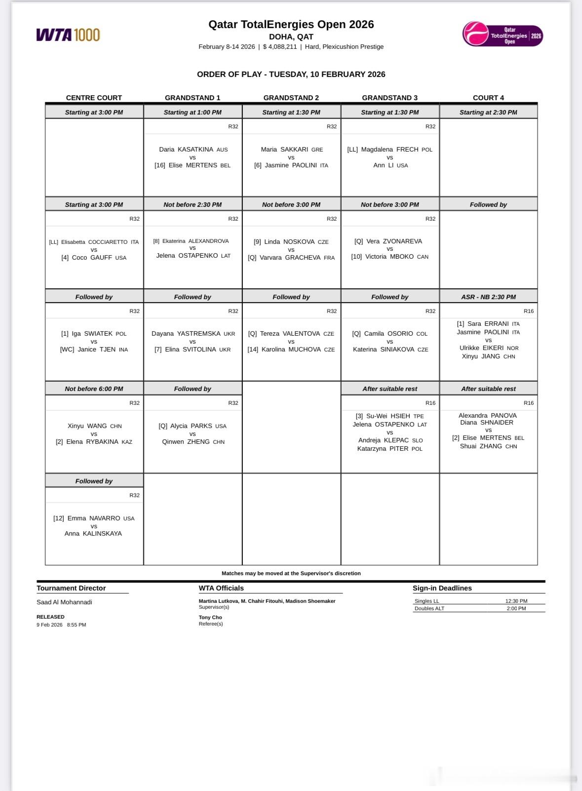 “疯狂星期二🔥”今天WTA1000多哈网球公开赛比赛又多又好！中心球场🏟️高