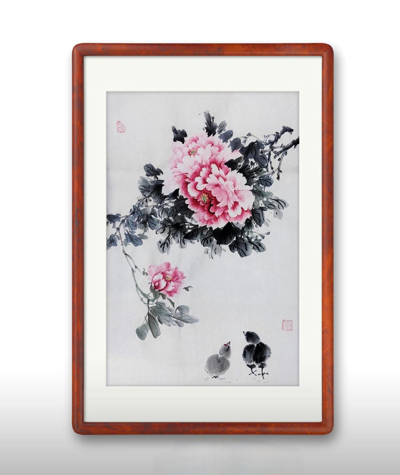 一枝牡丹压群芳，两只小鸡凑热闹。牡丹作品欣赏 国画牡丹花开富贵 国画里的牡丹 原