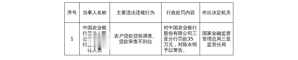 农行三亚分行被罚35万，涉贷款审查不到位等