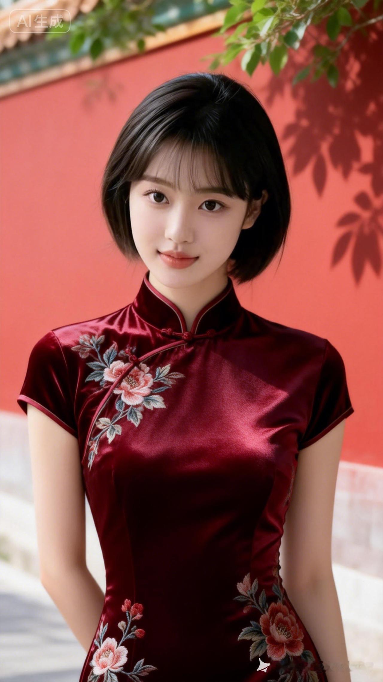 徐小翠着酒红丝绸绣花紧身旗袍，金丝绣纹雅致，立北京红墙前，黑发垂肩，玉骨冰肌胜雪