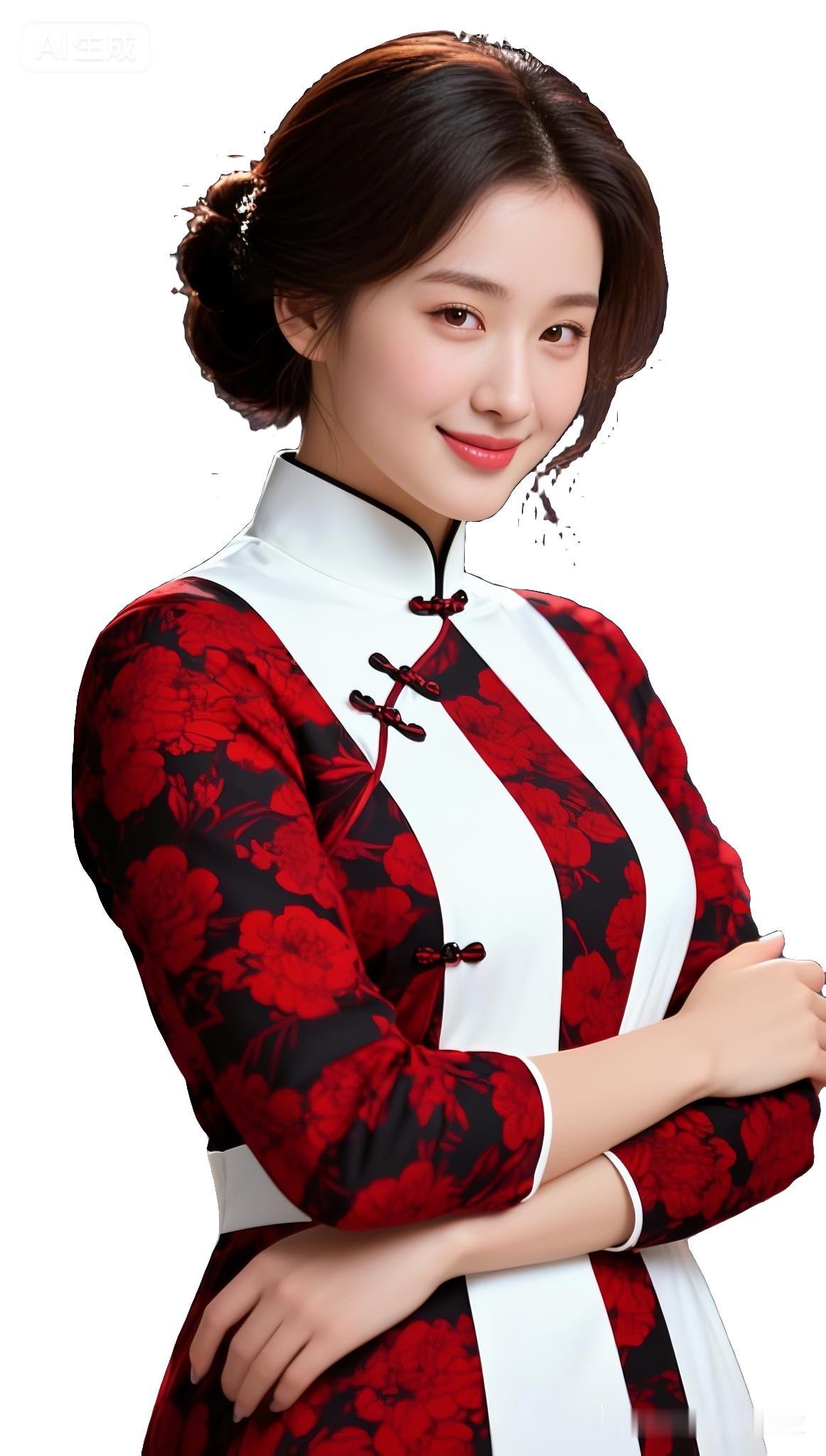 这位美女穿着红白相间的旗袍，笑容甜美。