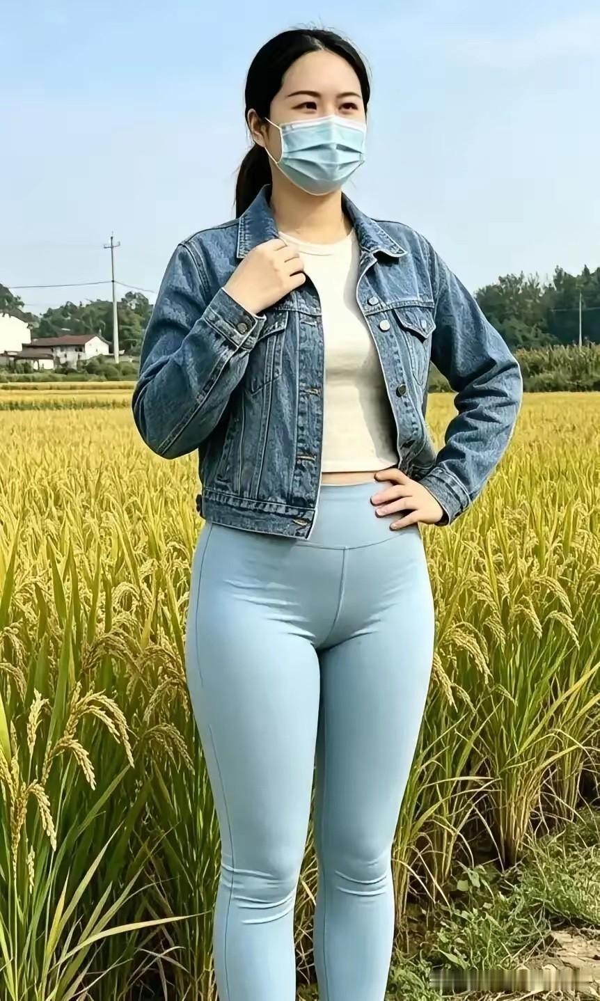 在那一大片金黄的稻田里，一个戴口罩的姑娘静静伫立。口罩遮住了她半张脸，只露出一双