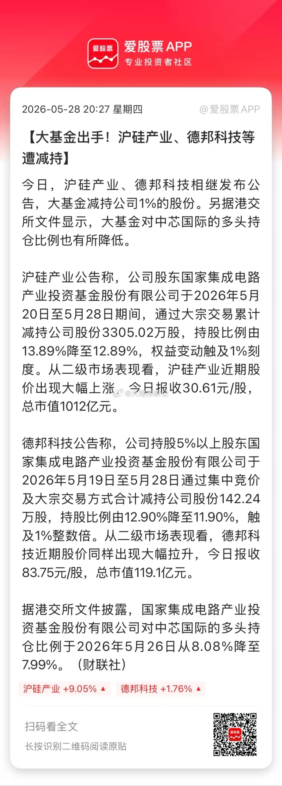 今晚多家半导体公告，国家大基金减持了公司的股份！1、沪硅产业：股东大基金持股比例