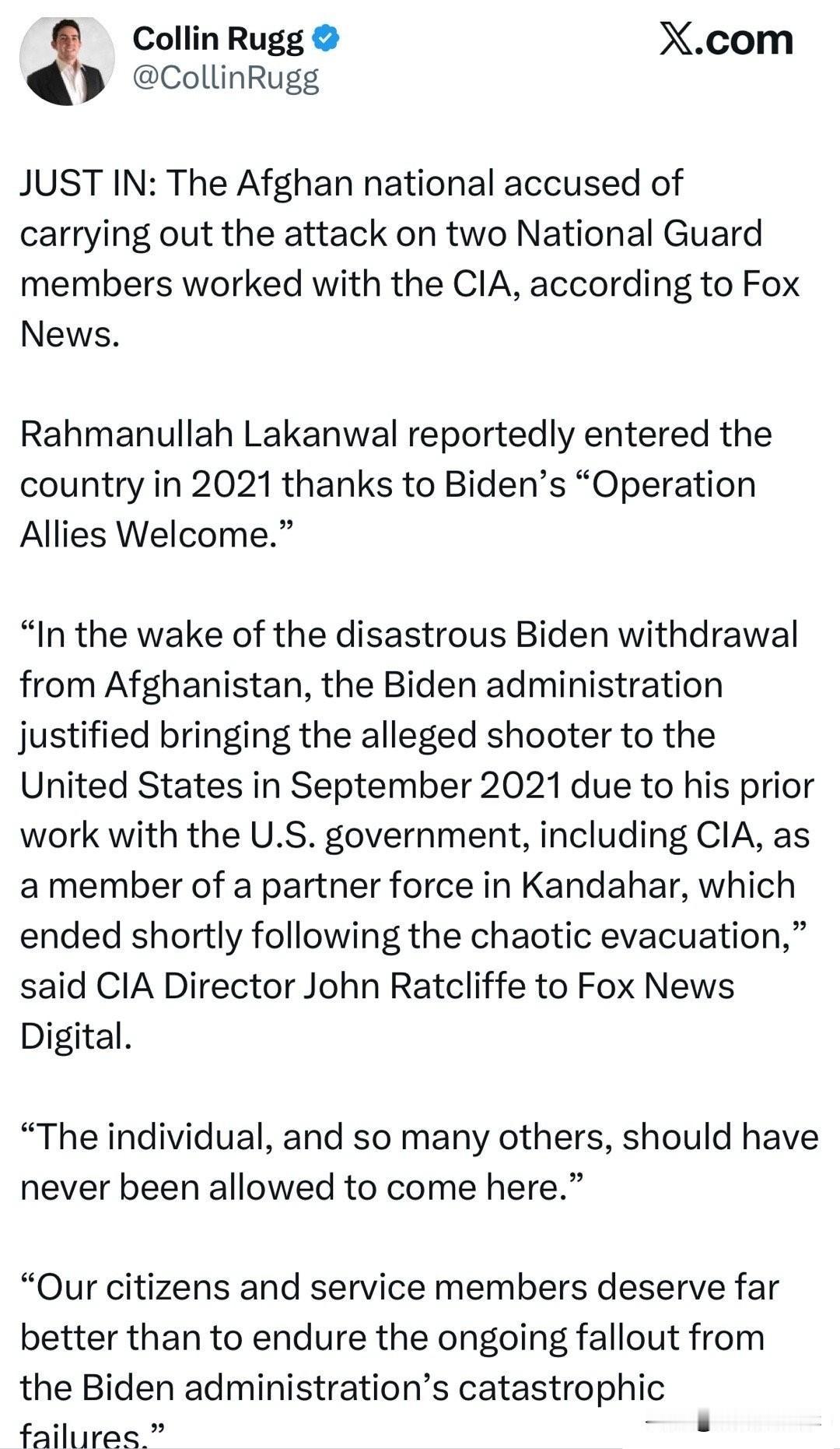 突发：据福克斯新闻报道，被指控袭击两名国民警卫队成员的阿富汗籍男子曾与中情局合作