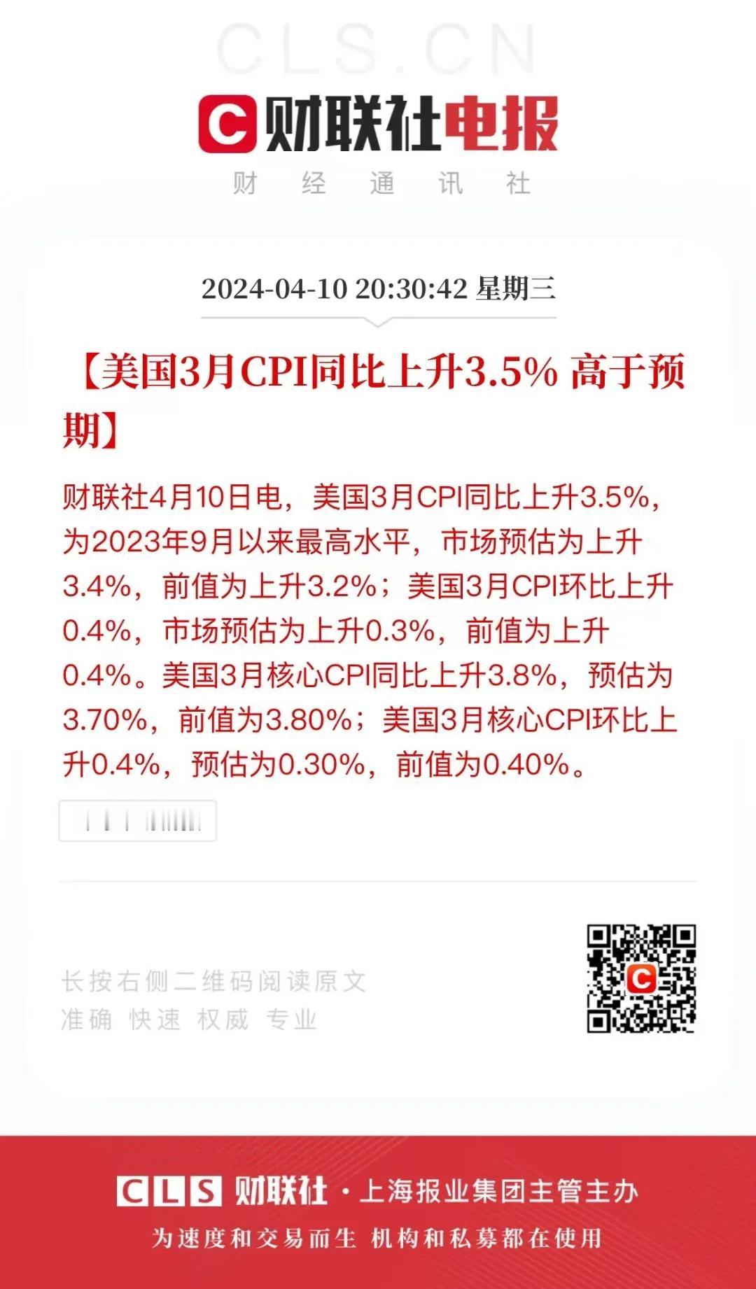 美国3月通胀数据为3.5%，再度超出市场3.4%的预期，相比2月的3.2%小幅回