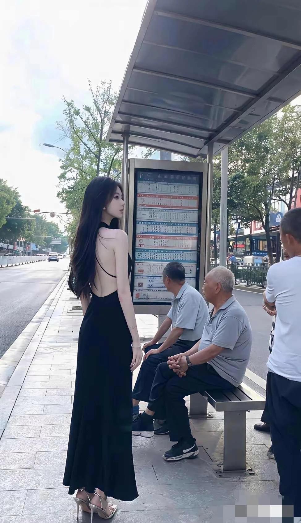 一身精致黑长裙站公交站，妆容穿搭样样出众，本以为回头率拉满，一旁几位大爷只顾聊天