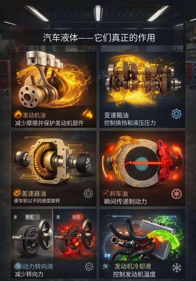 汽车里的各种油液，到底是干嘛用的？
 
每辆车都得靠好几种油液，才能顺顺利利、省