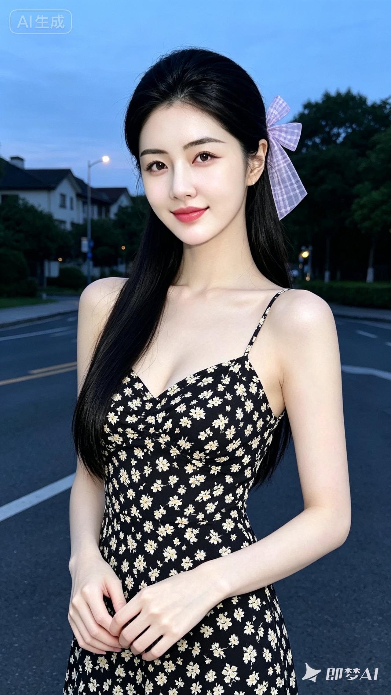 一个美女站在街上，微笑着。