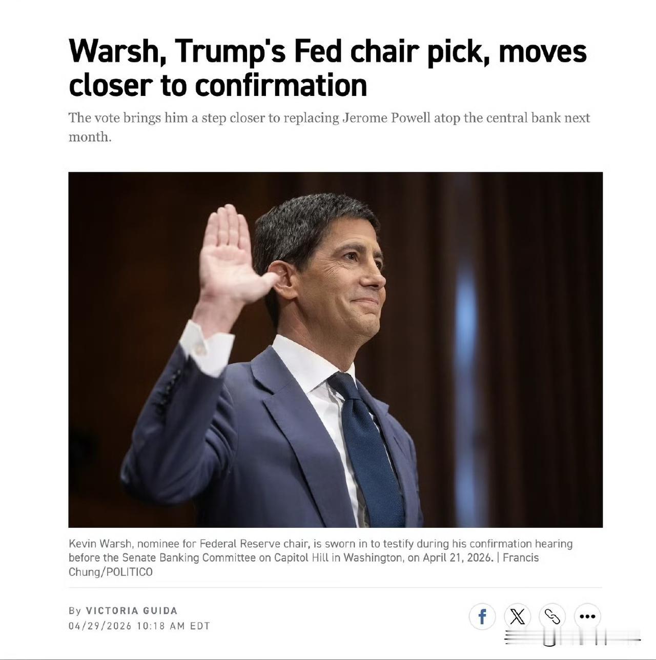💵Kevin Walsh提名獲參議院銀行委員會投票通過，距接任美聯儲主席再進一