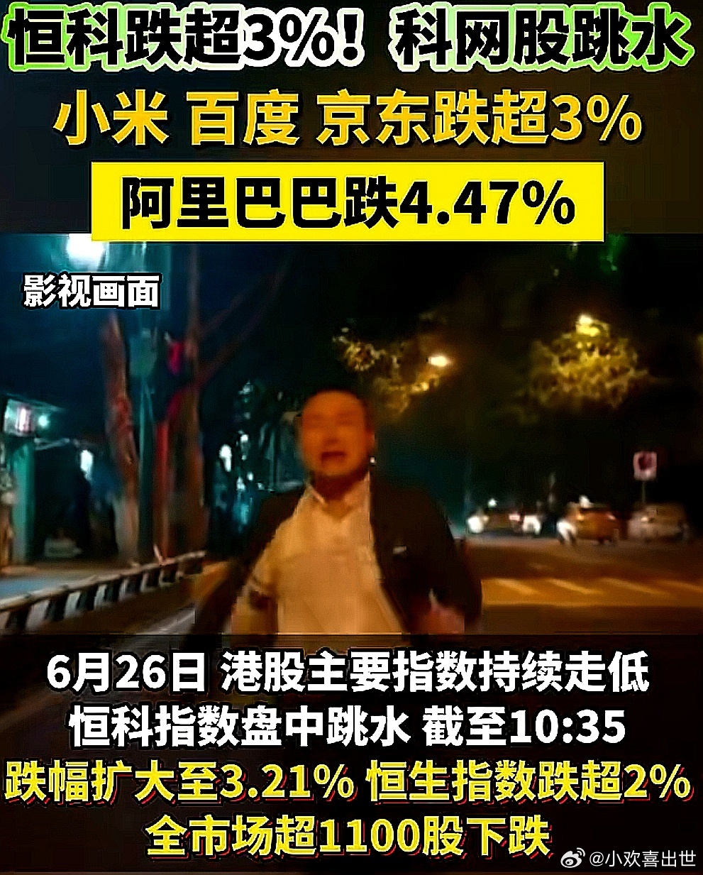 恒科跌超3%！港股科网股跳水。小米，百度，京东跌超3%，阿里巴巴跌4.47% 