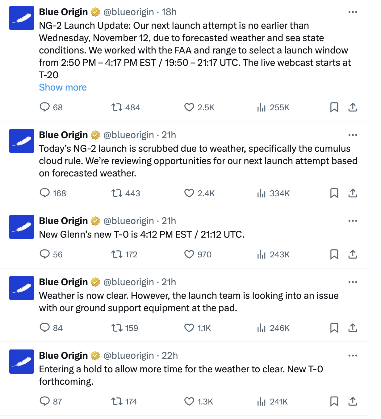 NG-2 发射因天气原因取消，蓝色起源与美国联邦航空管理局（FAA）及发射场协调