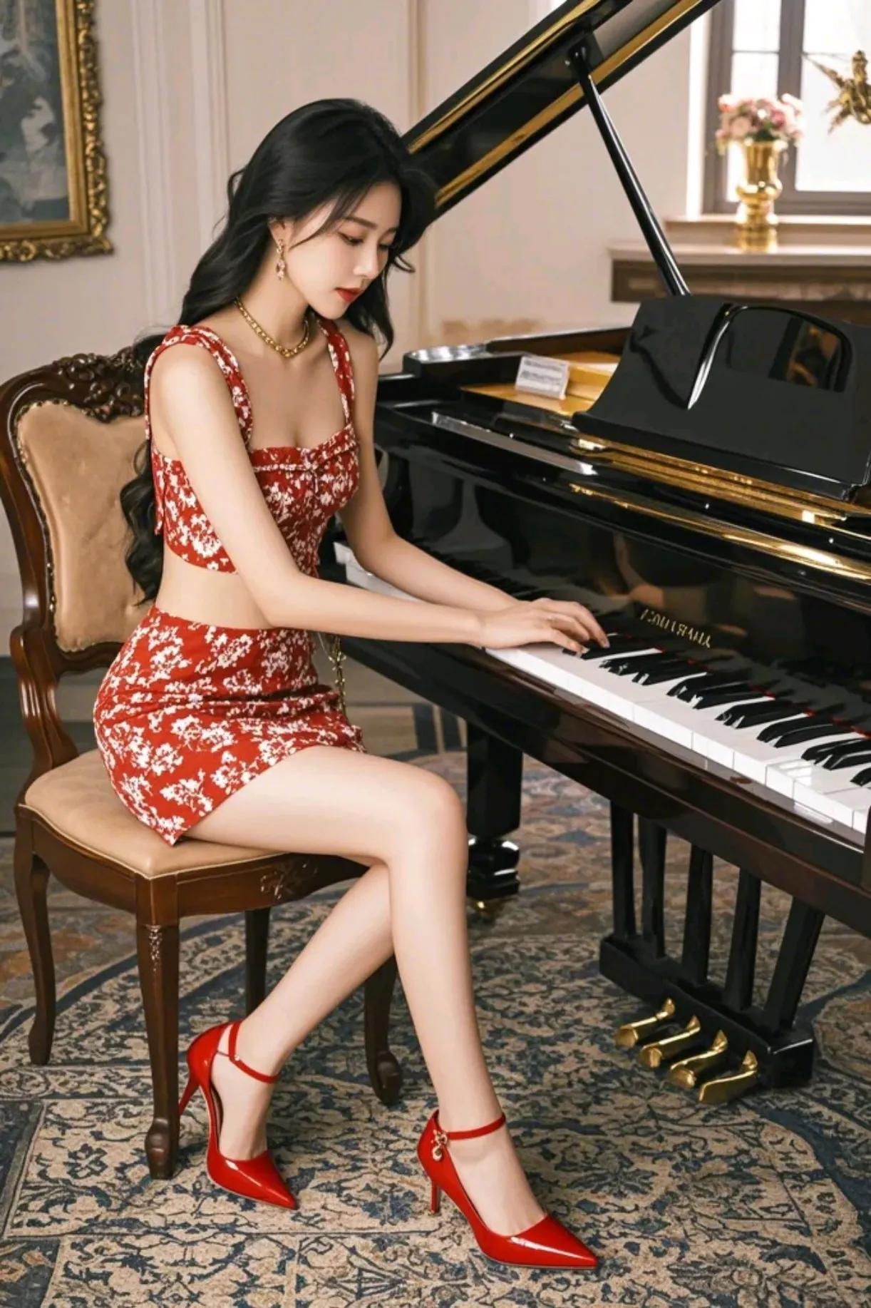 优雅钢琴少女，红衣动人，指尖流淌美妙旋律。弹琴之美 钢琴风情大赏 钢琴公主壁纸 