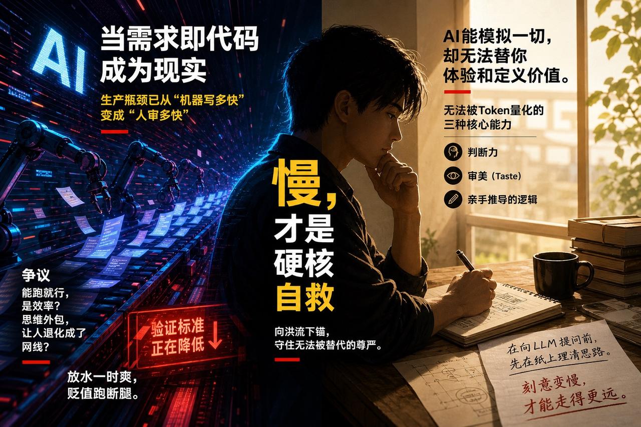 【当AI接管一切，人类最后的护城河不是“会用AI”】

当AI让需求即代码成为现