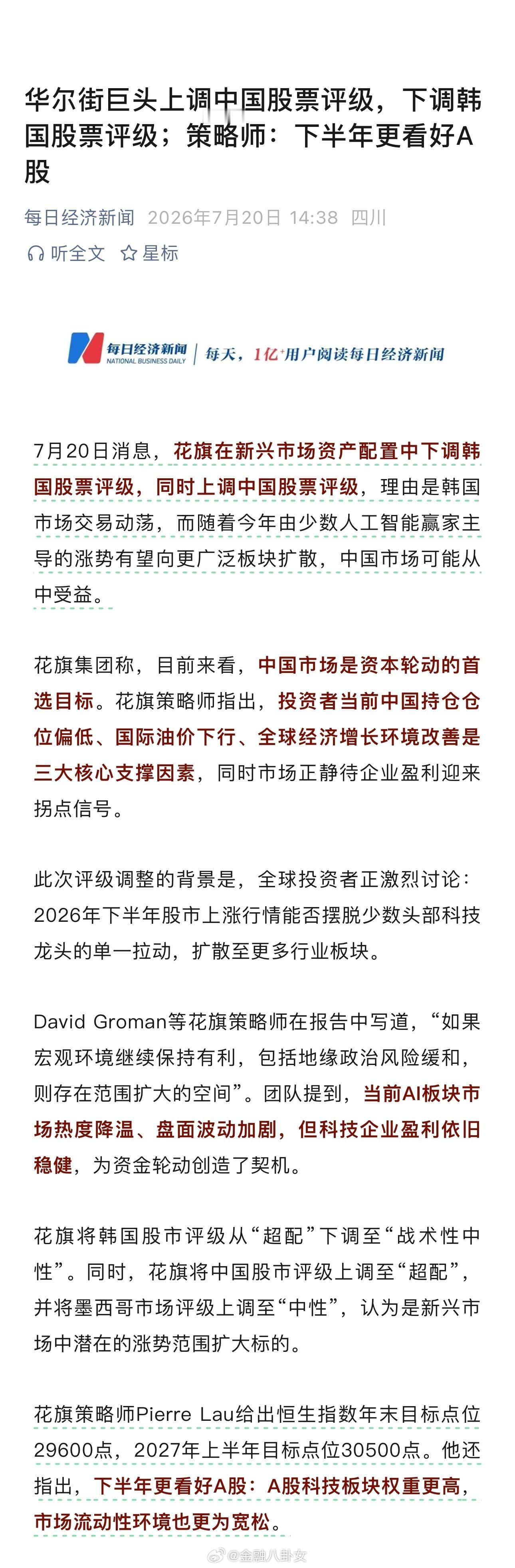 华尔街巨头上调中国股票评级，下调韩国股票评级；策略师：下半年更看好A股