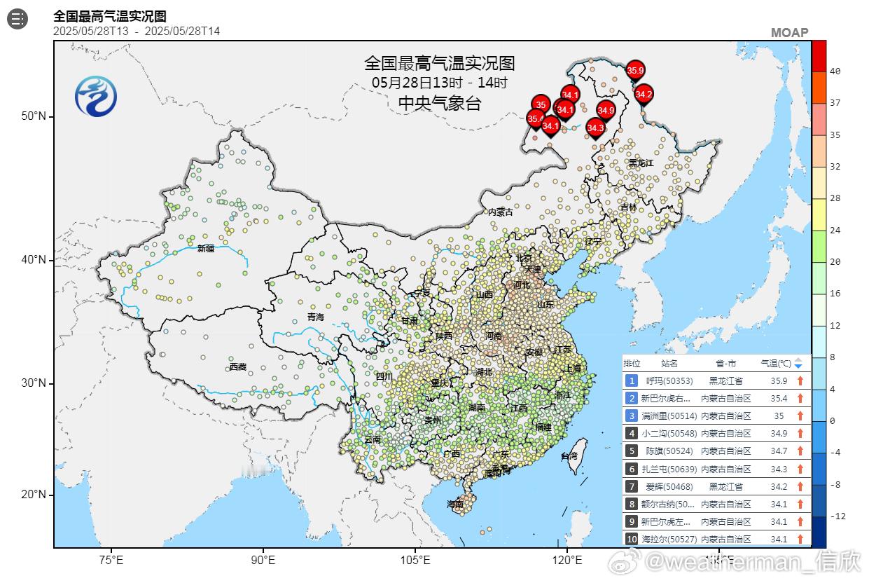 【气温南北倒挂】今天13-14时最高气温，依然是黑龙江西北部和内蒙古东北部站点占