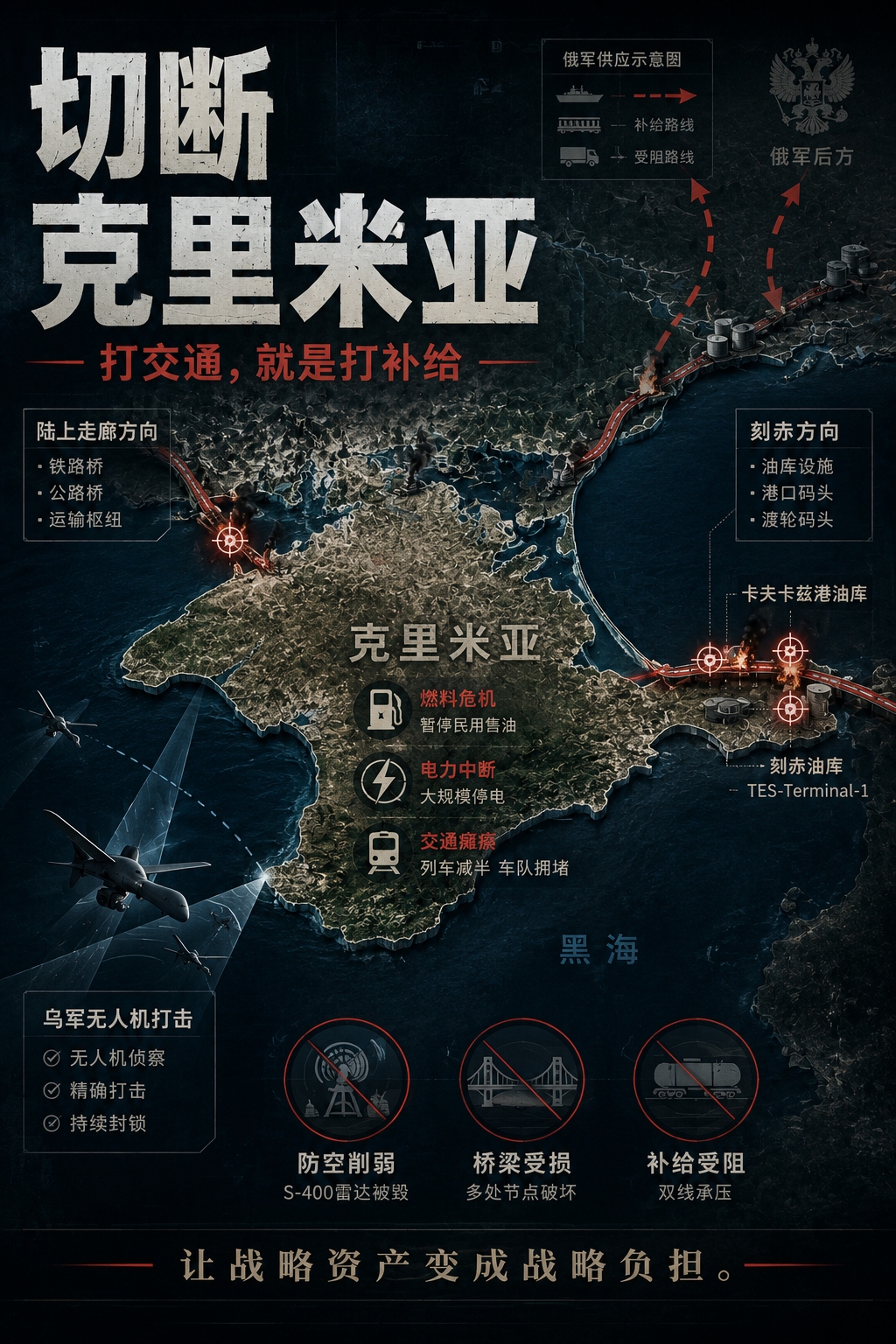 最近乌克兰加大力度打击克里米亚的交通，对于战争走向有什么作用？Claude 对此