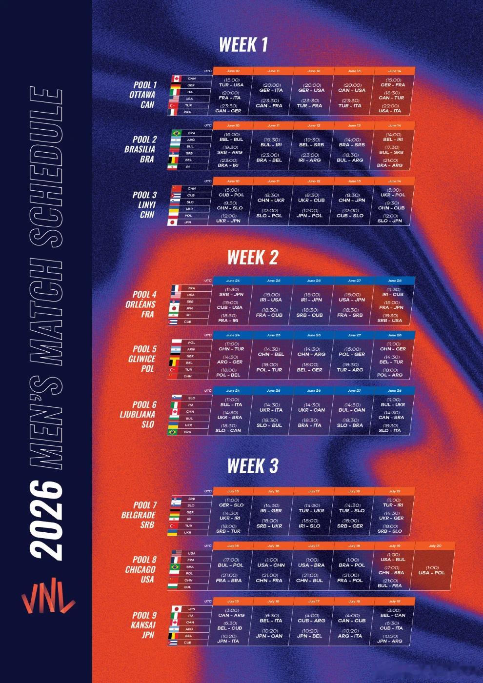 🗓️ 2026年VNL 🇨🇳中国男排分站赛全赛程👇，加油！分站赛完整赛程