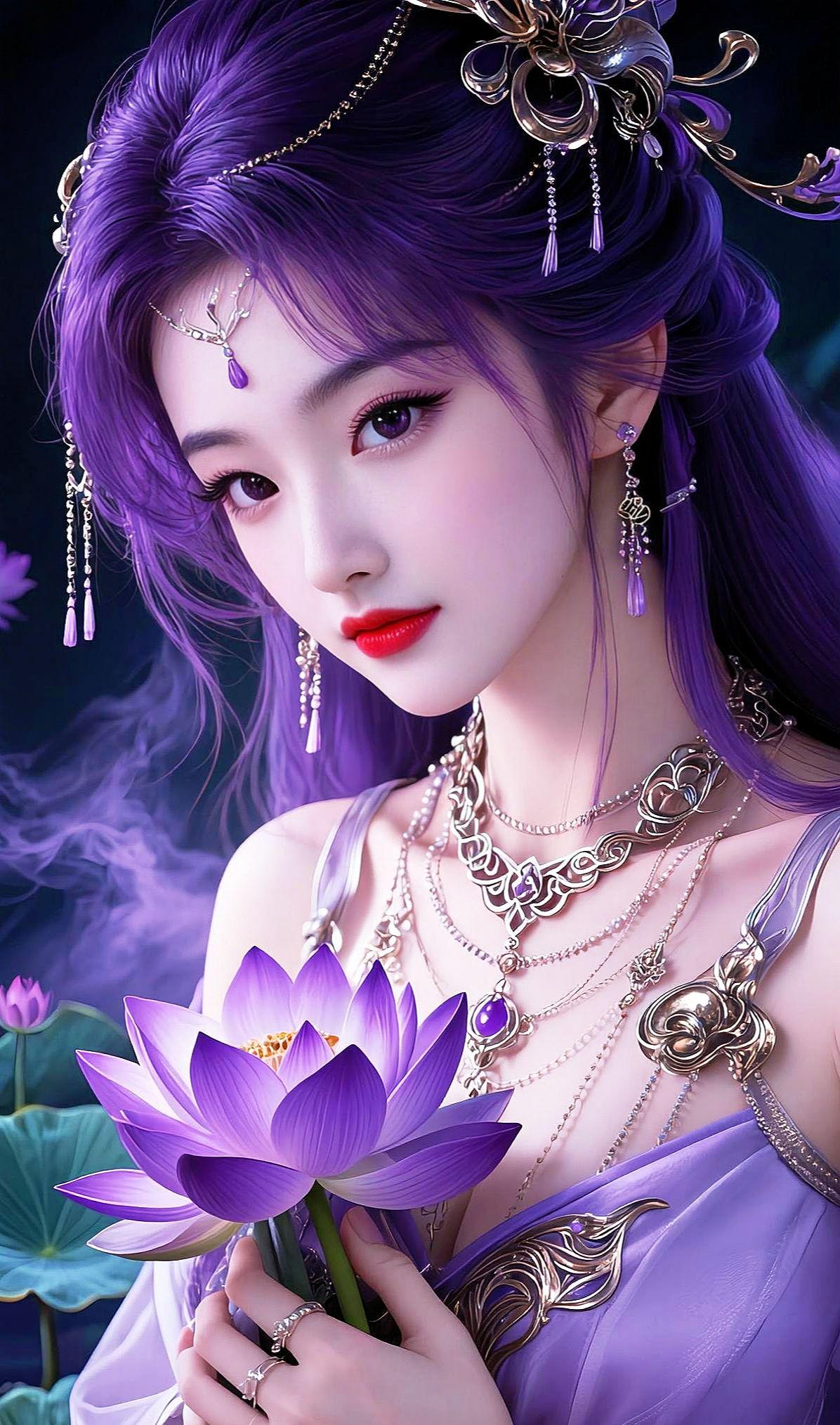 AI紫莲仙韵写真 抖音ai创作 荷花仙子 梦幻花仙唯美意境 动漫少女