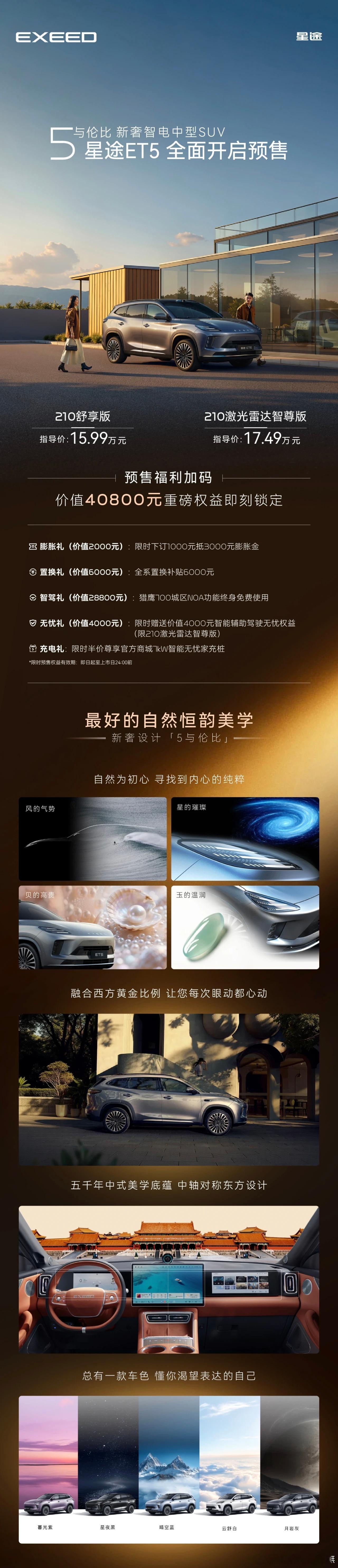 15.99万元起锁定新奢智驾！星途ET5正式预售，更有价值40800元权益狂欢来