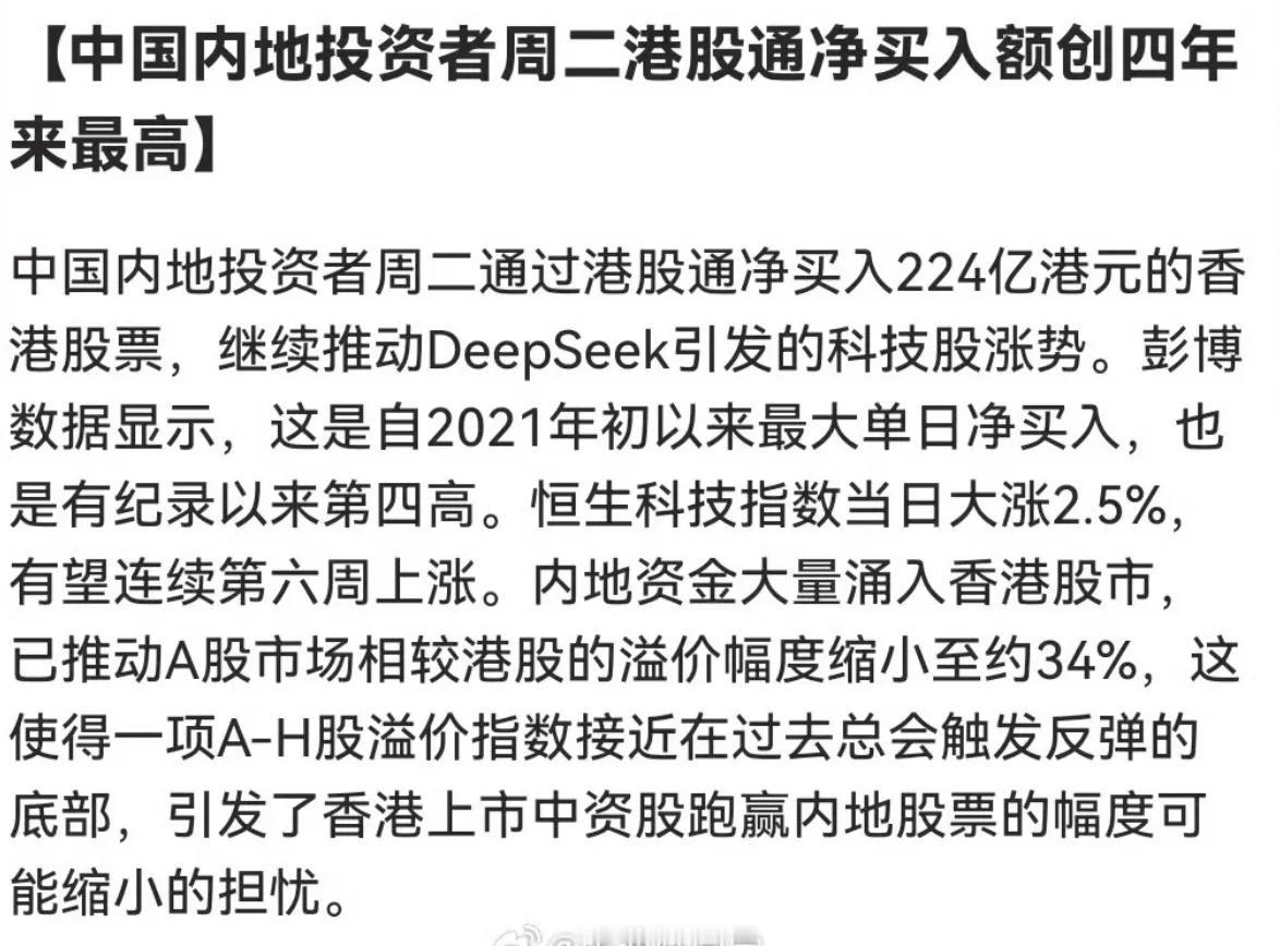 【内地资金狂扫港股，科技股狂欢背后暗藏玄机？】🔥

周二224亿港元净买入创四