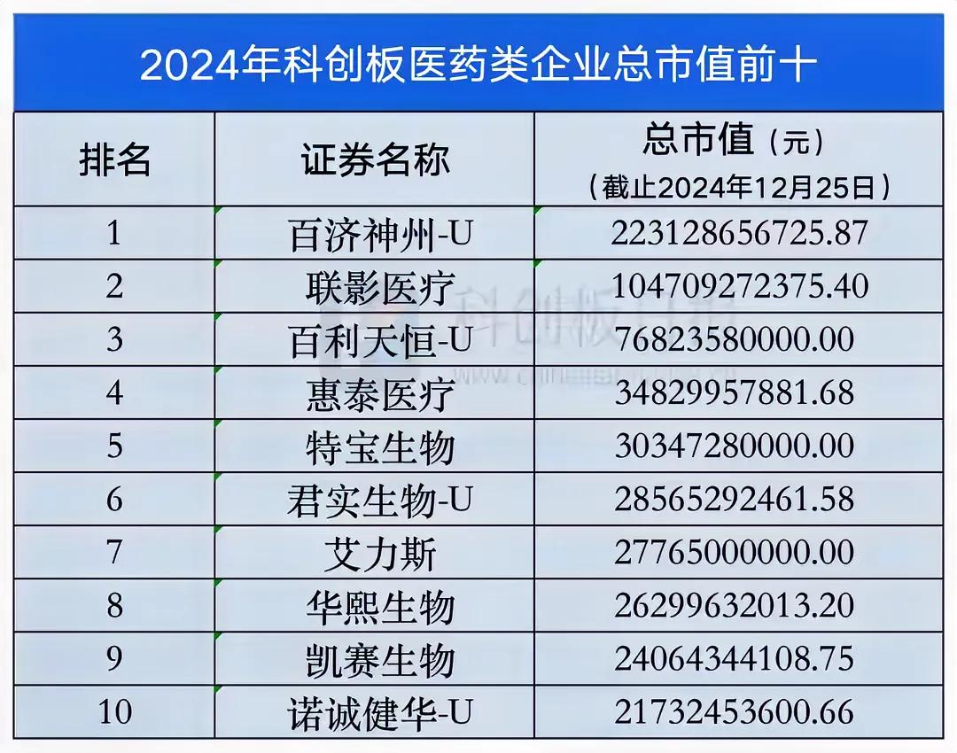 2024年科创板医药类企业总市值前10。
前3分别是百济神州、联影医疗、百利天恒