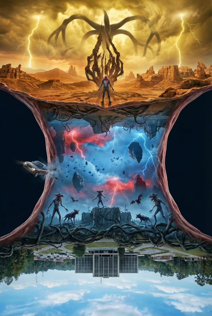 一图说明霍金斯镇、颠倒世界（虫洞桥梁）以及亨利新世界的关系 