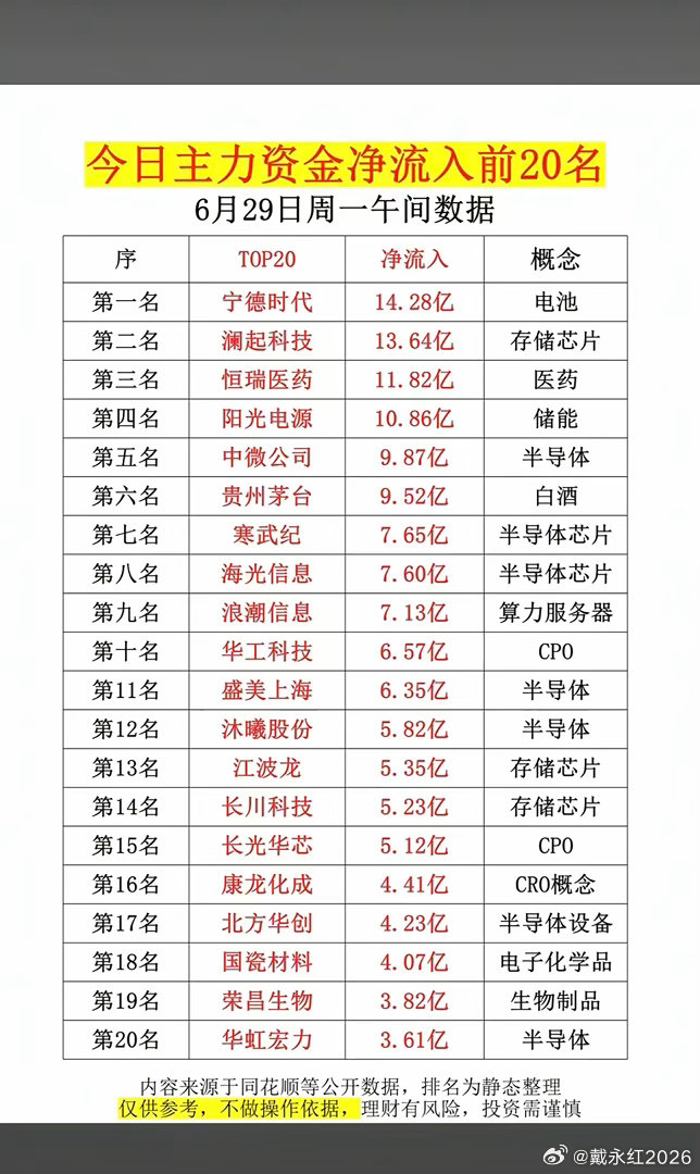 6.29周一  主力大资金  净买入榜TOP20！1.重组蛋白2.CRO3.创新