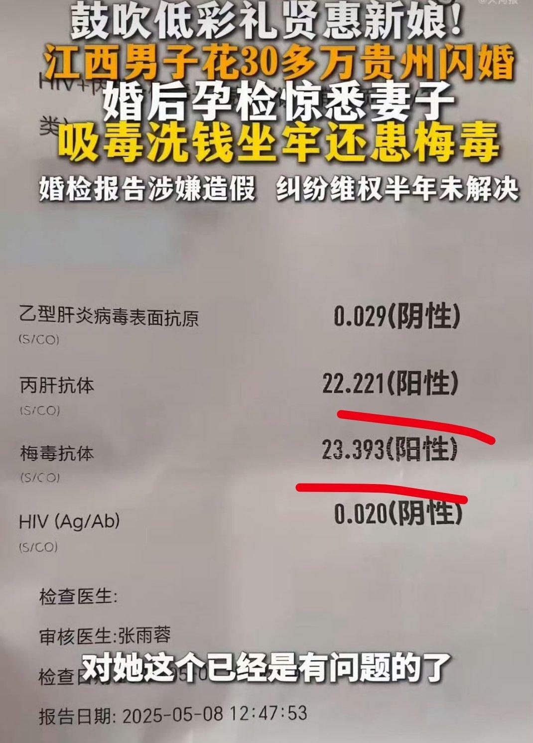 江西一男子经红娘介绍赴贵阳闪婚，花费超30万元后，在备孕检查中惊悉妻子隐瞒吸毒、