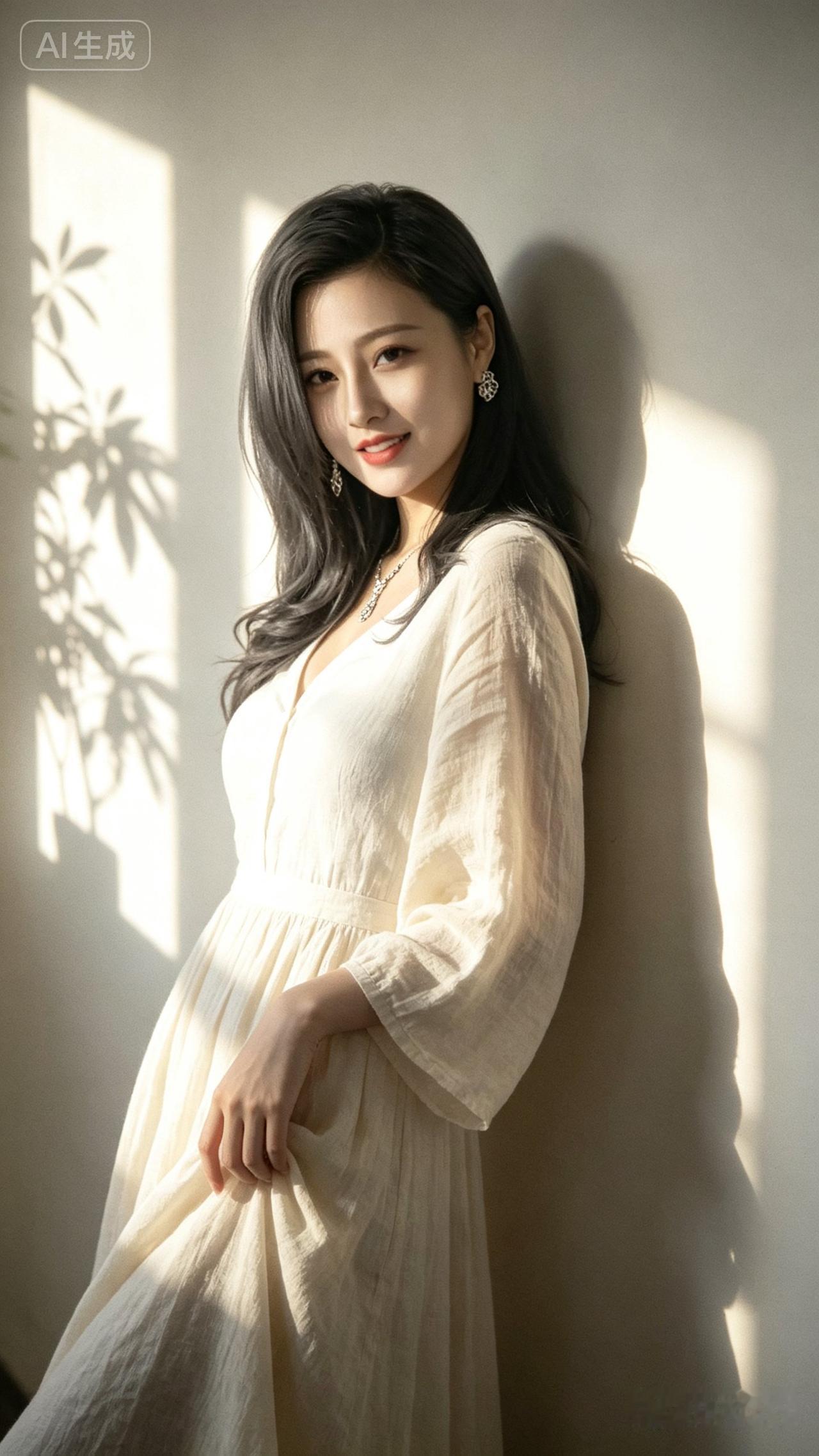 阳光洒进来的午后，温柔少女在墙边微笑