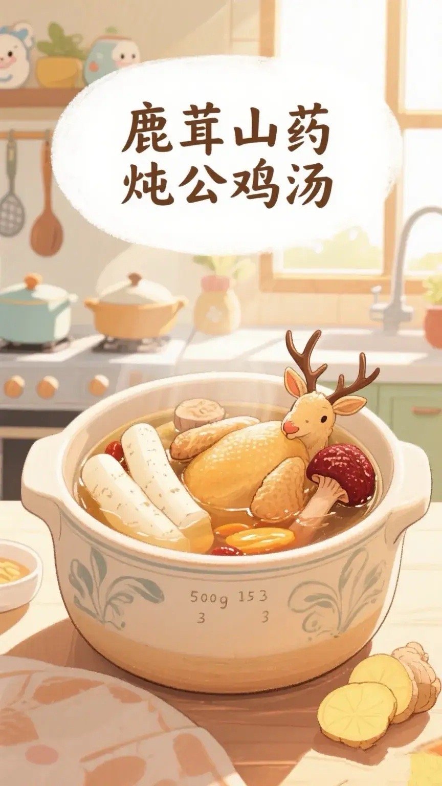 鹿茸山药炖公鸡汤煮汤材料：鹿茸3克，山药150克，公鸡500克，姜三片，盐适量。