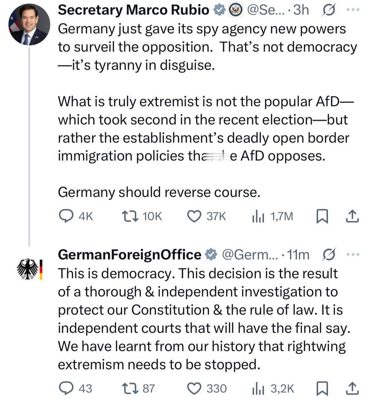 美国和德国在德国的选项党问题上硬刚了。 美国这边卢比奥和万斯是主火力输出。 考虑