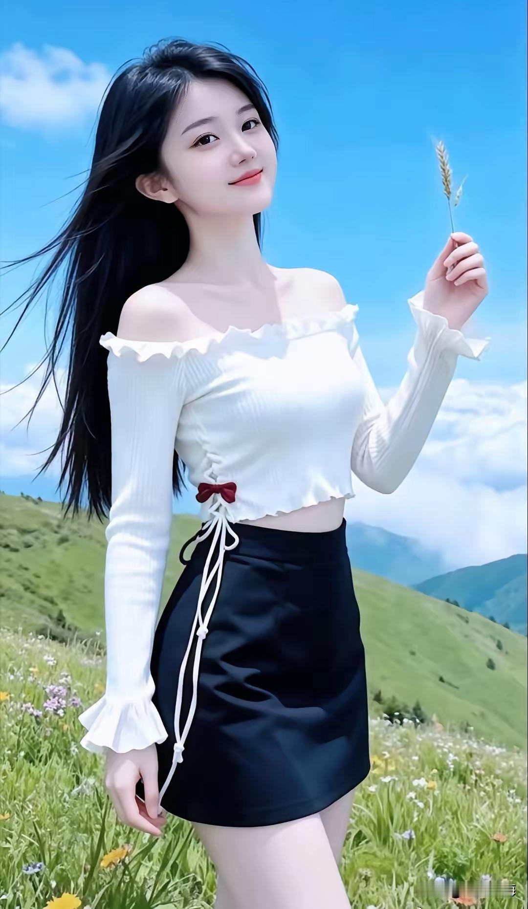 在蓝天白云下，少女手捧野花，微笑如阳光般温暖。