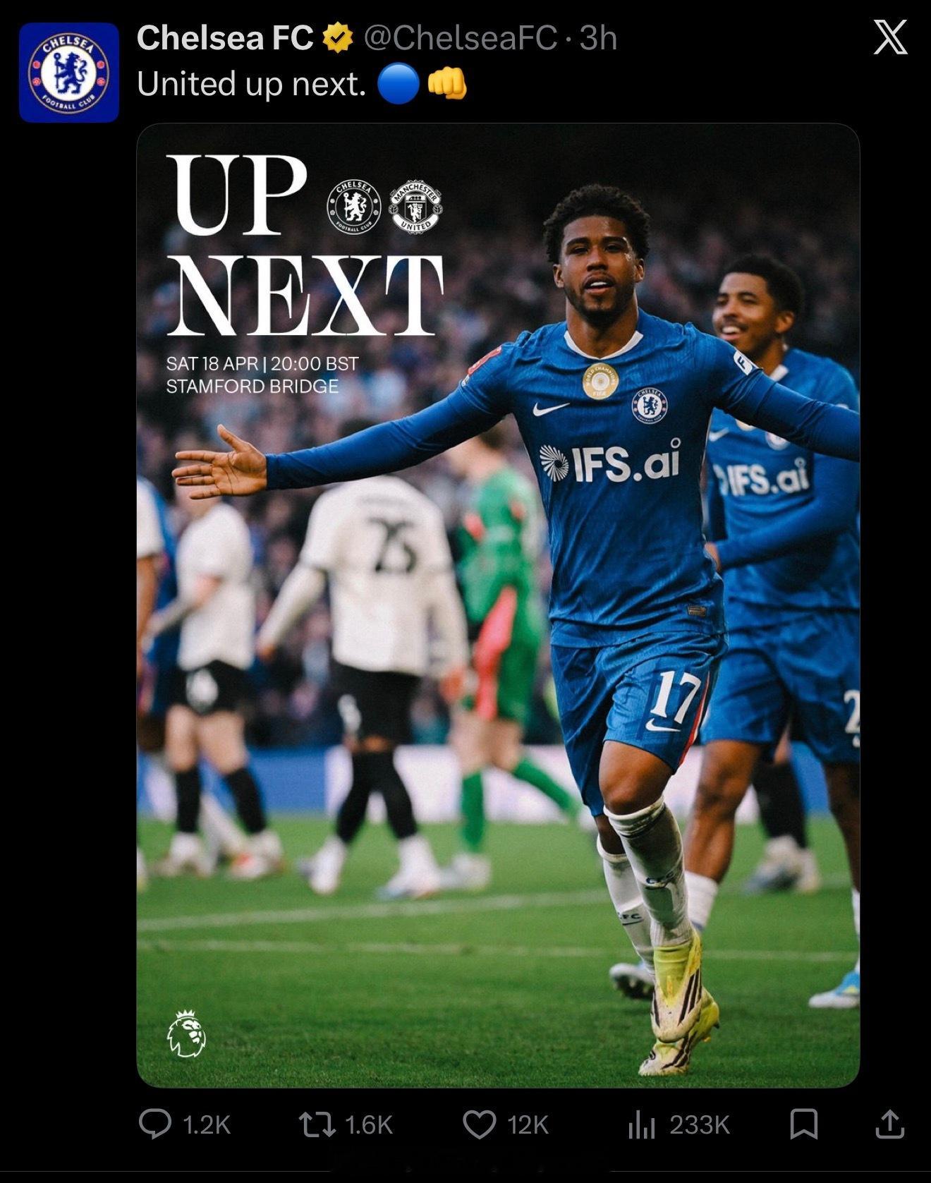 周末切尔西主场迎战曼联，切尔西官推预热海报 