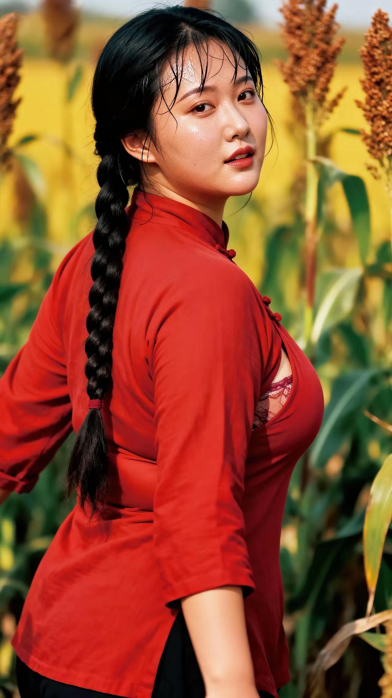 红衣美人立田间，笑靥如花映日红。