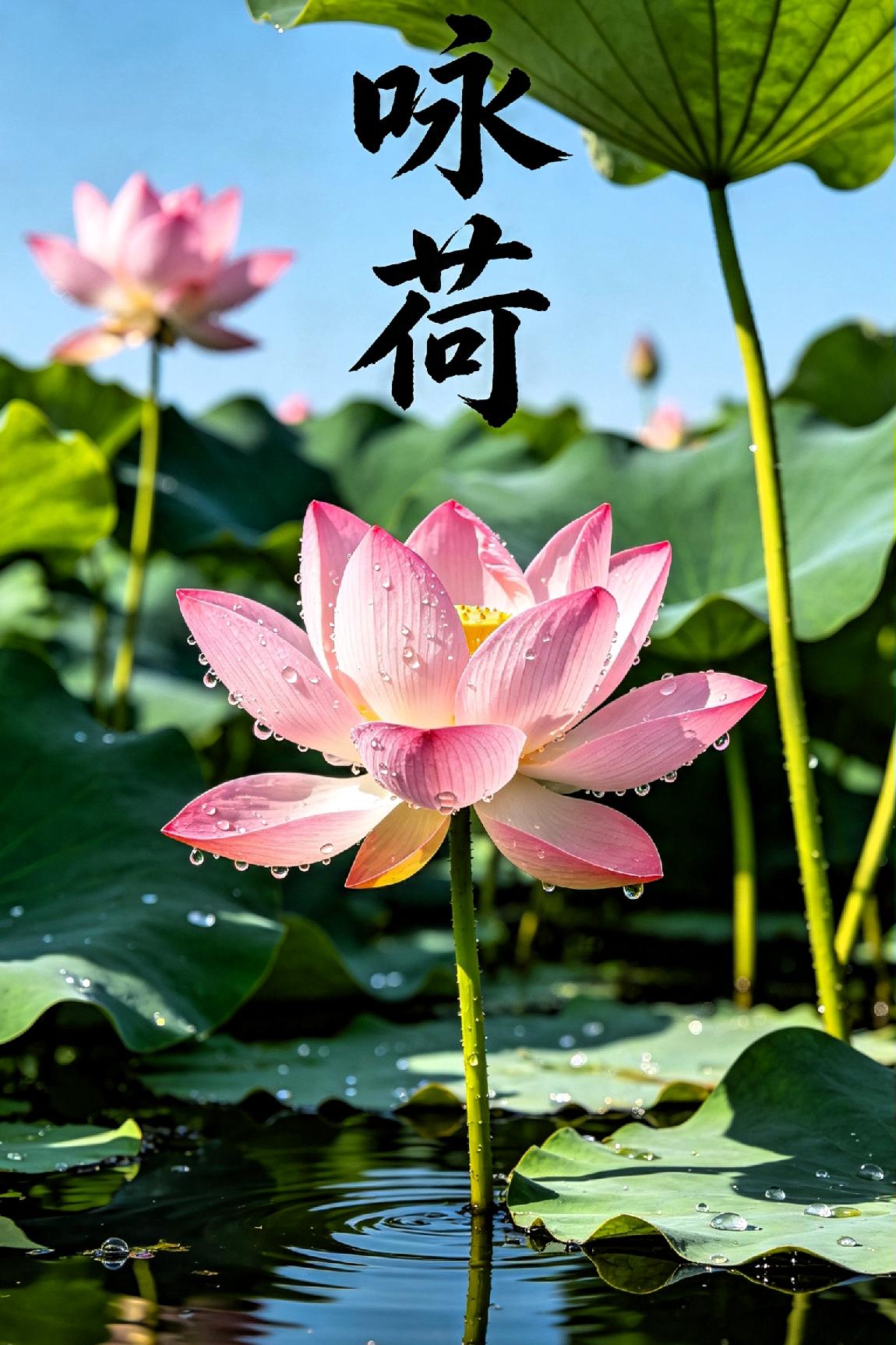 《咏荷》

 
碧水风轻漾素华，亭亭翠盖映流霞。

冰姿不惹尘间俗，雅韵偏宜槛外