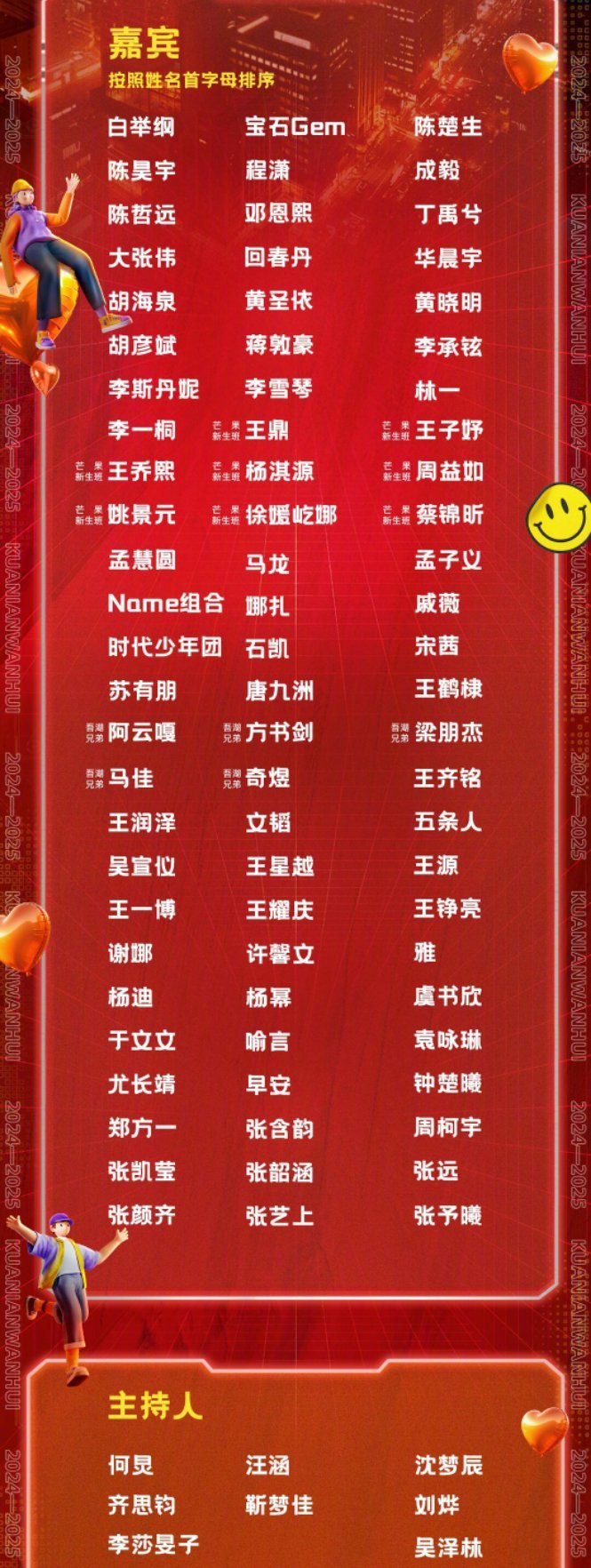 湖南卫视跨年晚会全阵容官宣 主持人：何炅、汪涵、沈梦辰、齐思钧、靳梦佳、刘烨、李