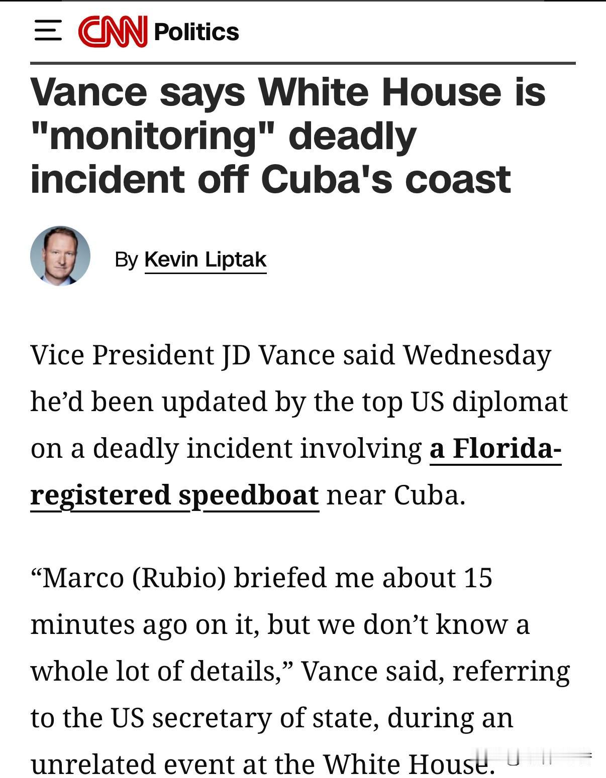 周三，美副总统表示，美国高级外交官向他通报了古巴附近发生一起涉及在佛罗里达州注册