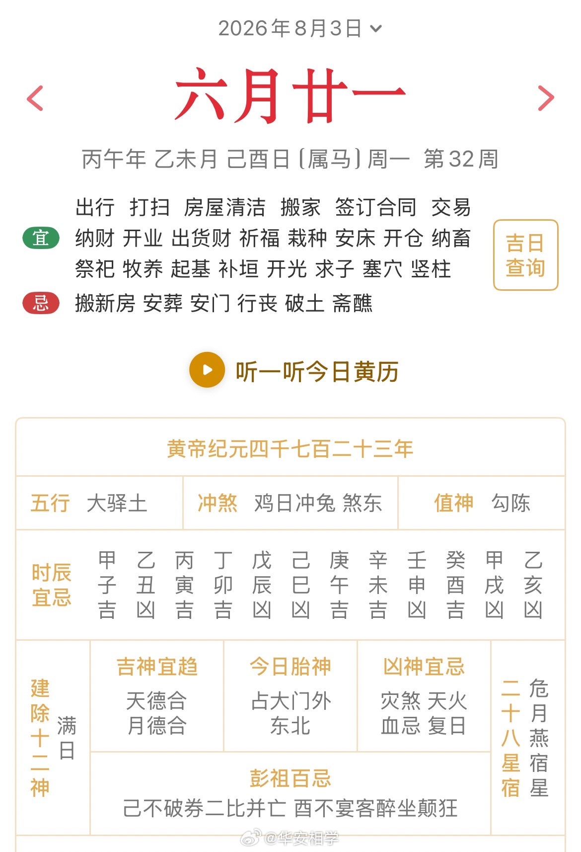 十二生肖每日简运 仅供参考2026.8.3丙午年乙未月己酉日己酉天克地冲癸卯：八