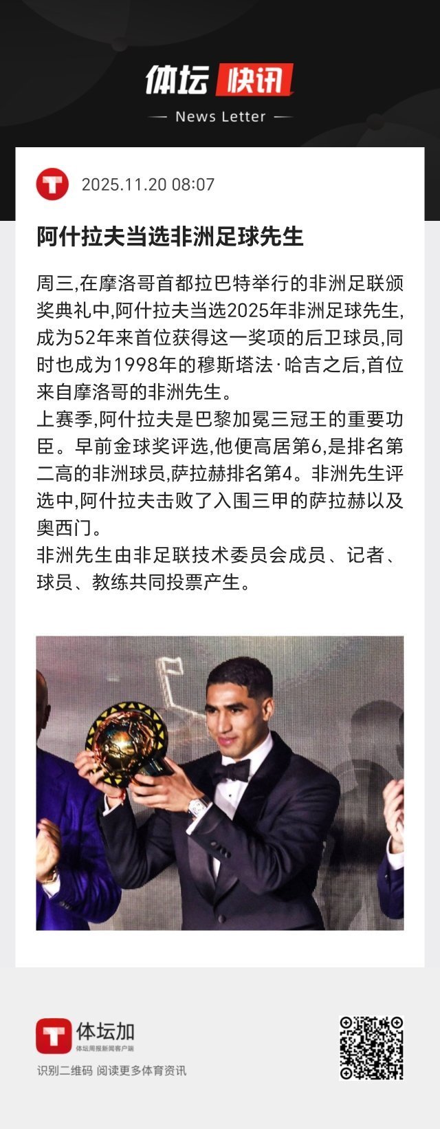 阿什拉夫当选2025年非洲足球先生，成为52年来首位获得这一奖项的后卫球员。 