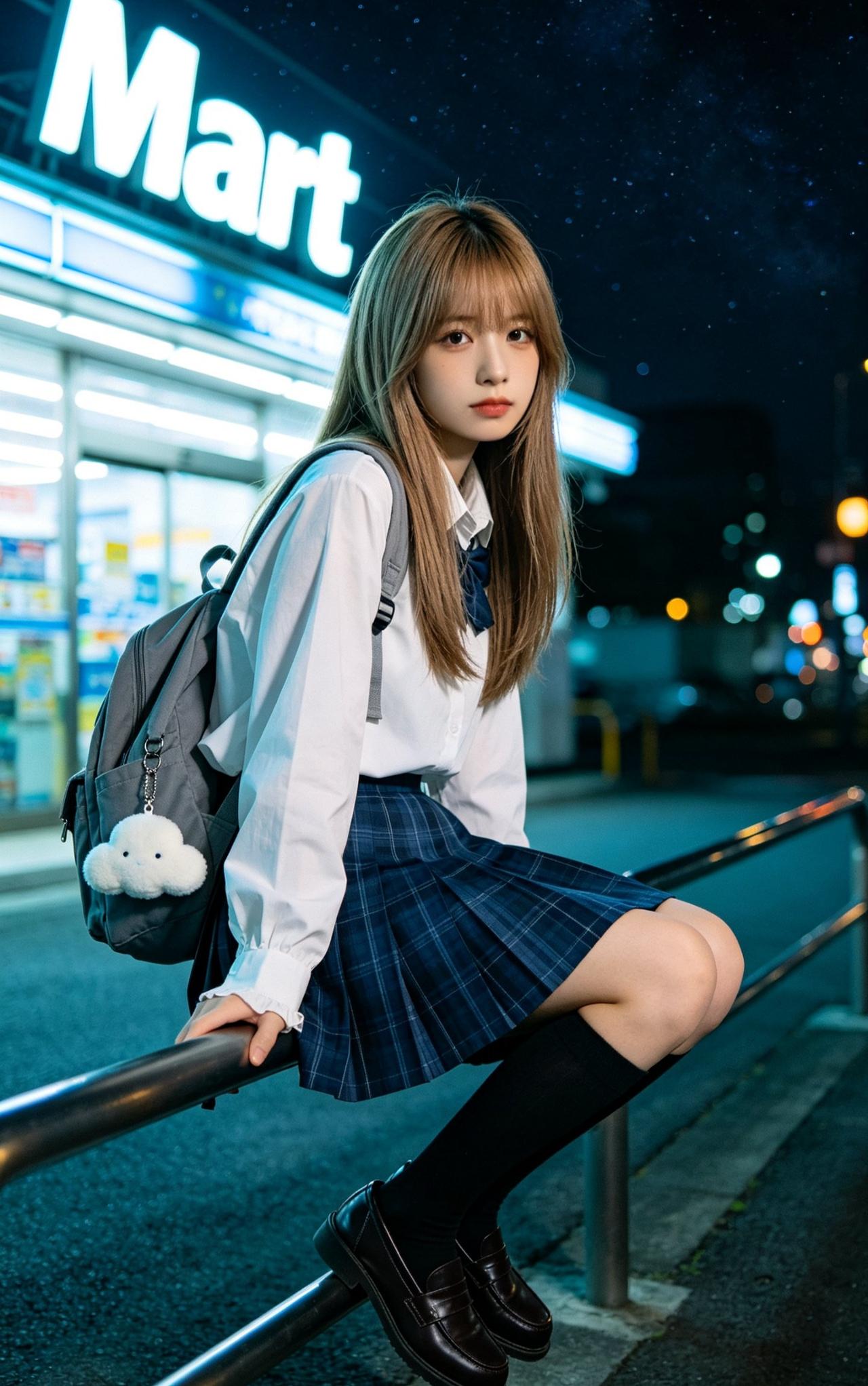 夜晚的便利店前，少女倚栏沉思少女背影感 少女夜景 街景少女写真 少女感穿搭的精髓