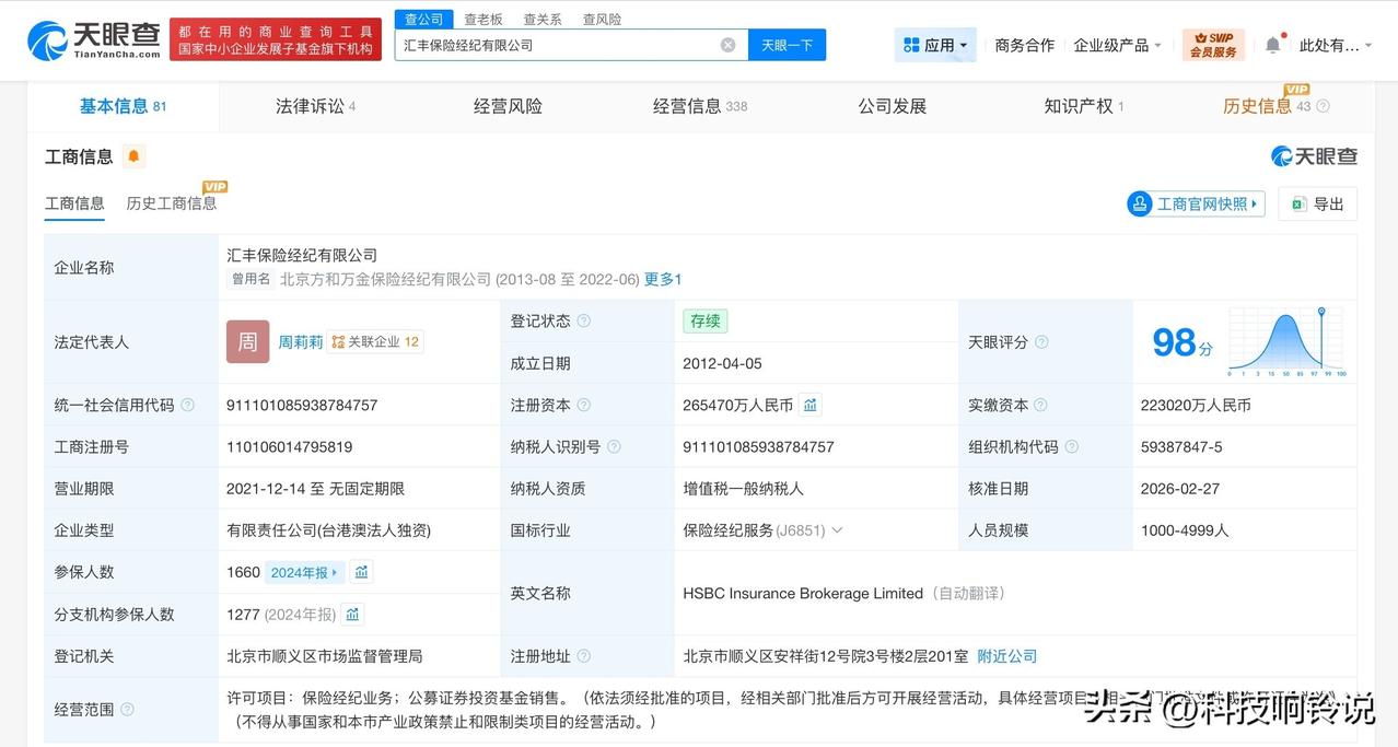 【汇丰保险经纪公司增资至约26.5亿】
天眼查工商信息显示，近日，汇丰保险经纪有
