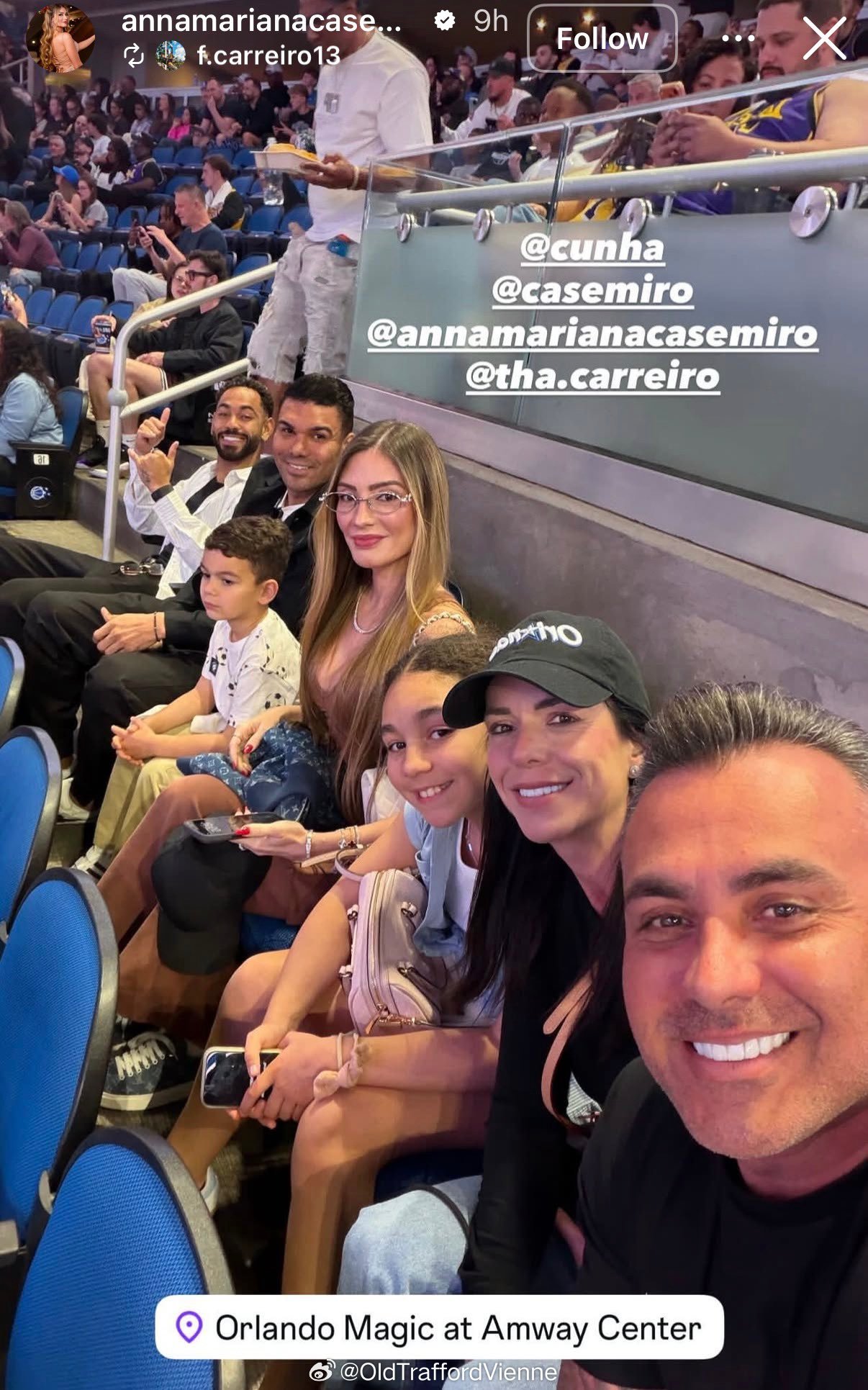 曼联球员开始短暂假期，库尼亚和卡塞米罗两家人在美国看美职篮 