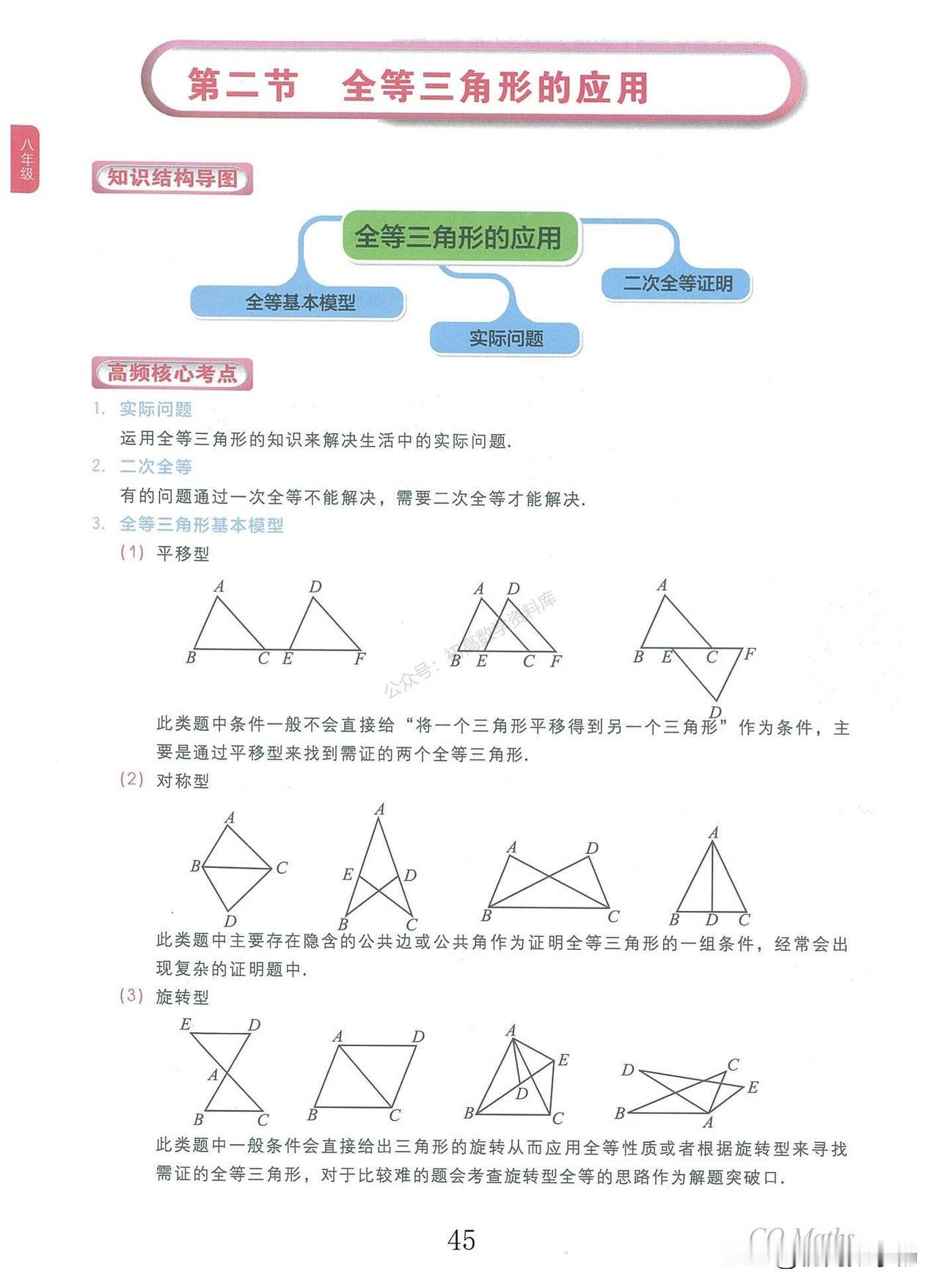 初二数学培优——全等三角形重点题型精讲
1、全等5种基本应用
2、角平分线性质与
