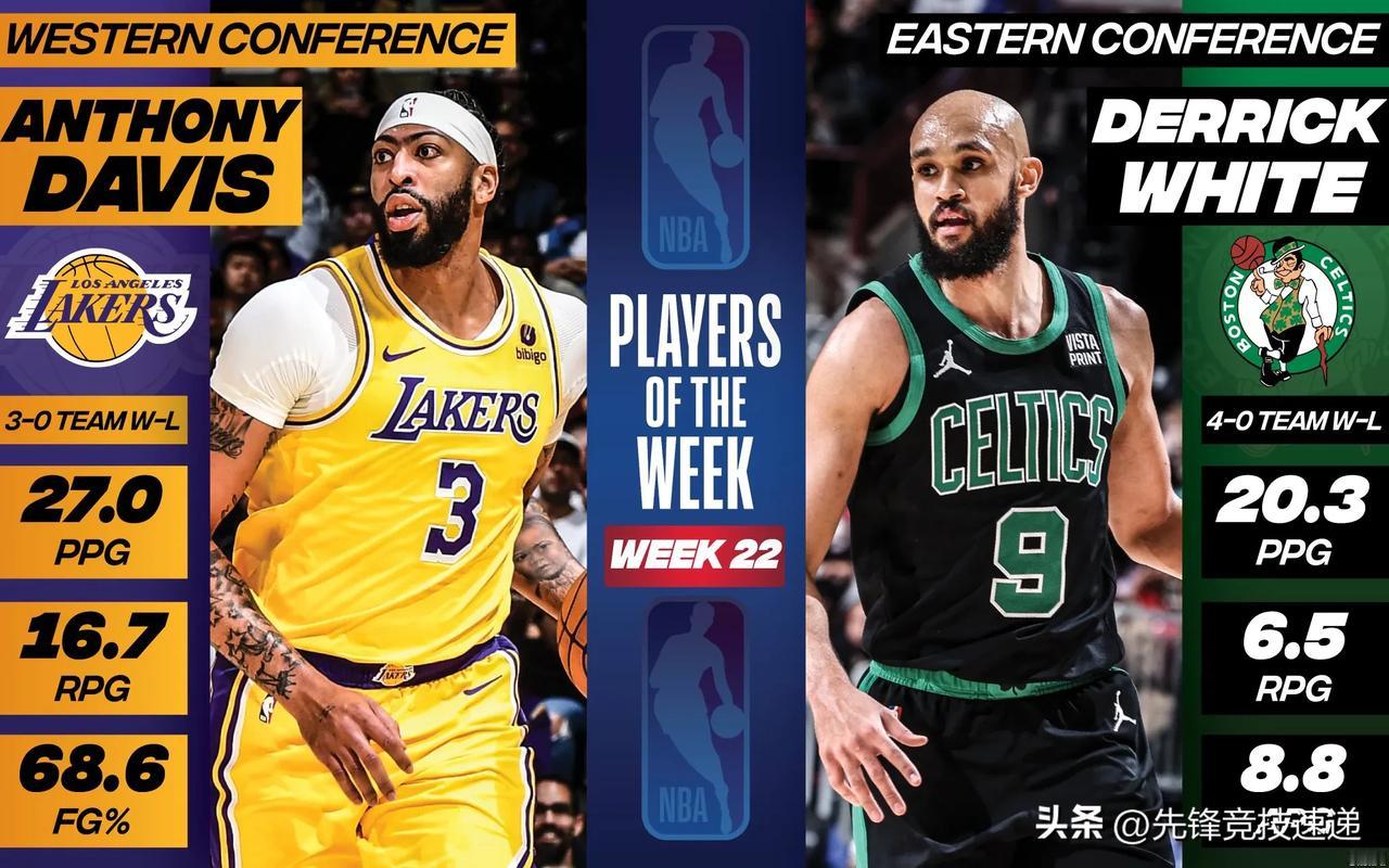 洛杉矶湖人队前锋安东尼·戴维斯和波士顿凯尔特人队后卫德里克·怀特分别被评为 20