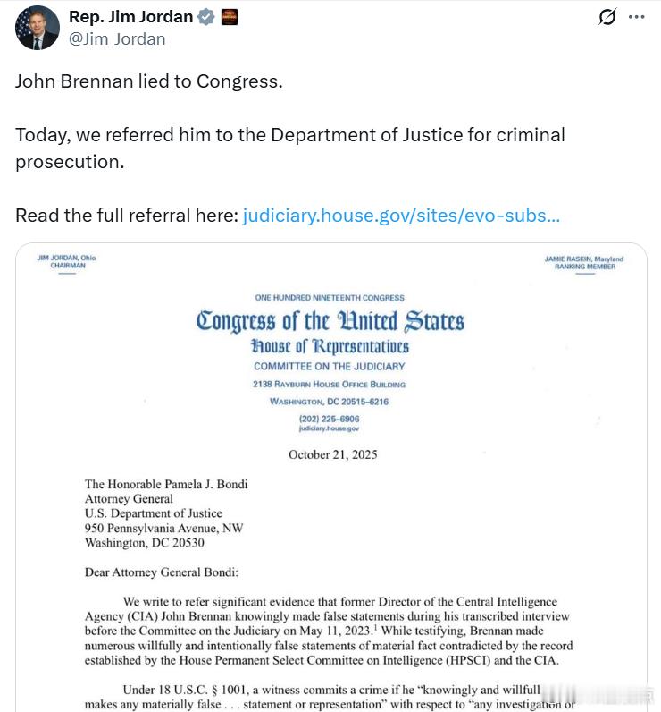 国会众议员吉姆·乔丹：“约翰·布伦南向国会撒了谎。今天，我们已将他移交司法部，要