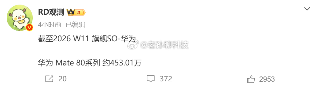 华为Mate80系列目前销量453万台左右11月下旬发布，到现在只过去4个月时间