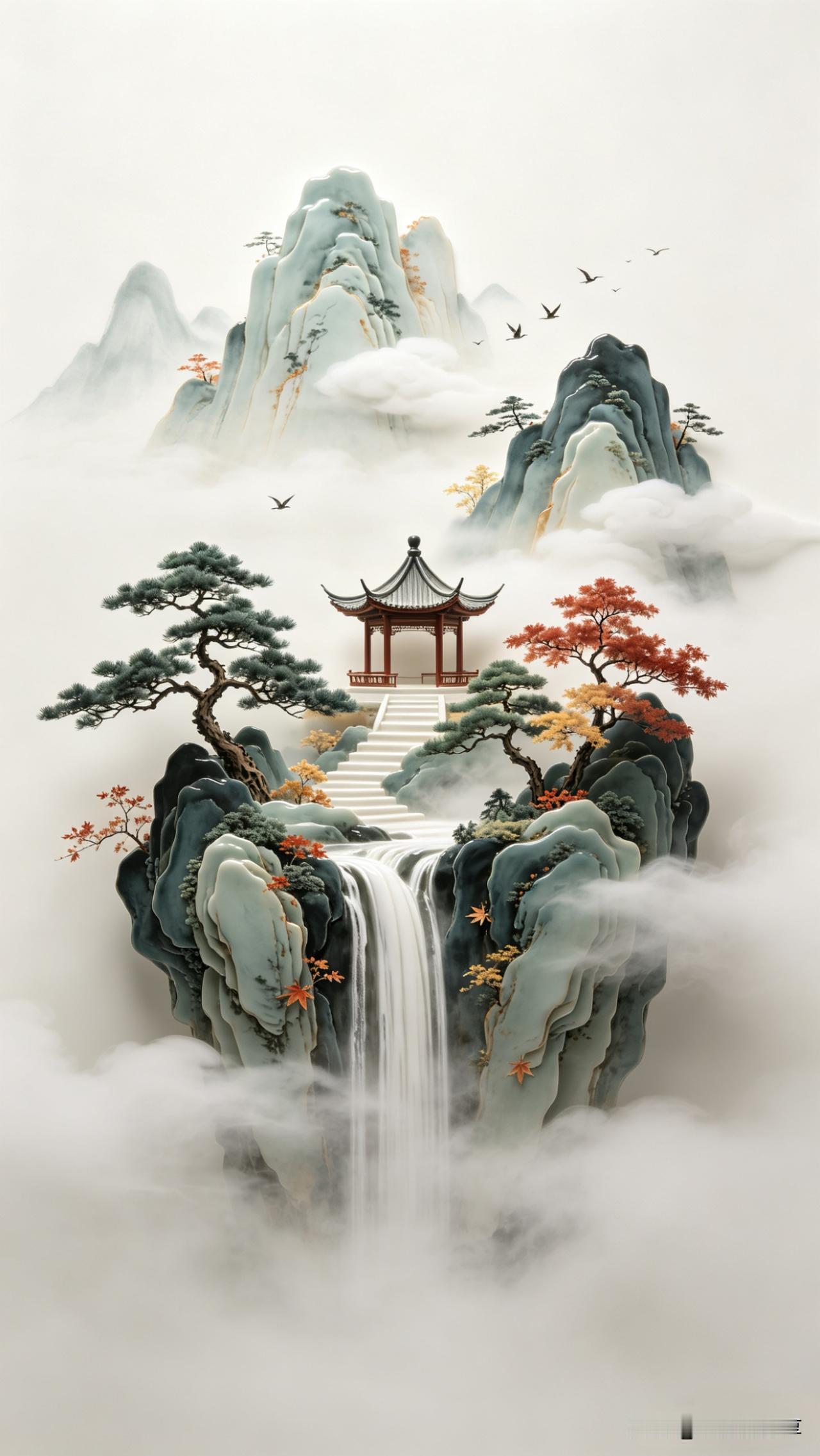 《水调歌头·云山仙阁》

云外起青嶂，雾里隐危亭。
飞流千尺垂练，松老伴枫明。