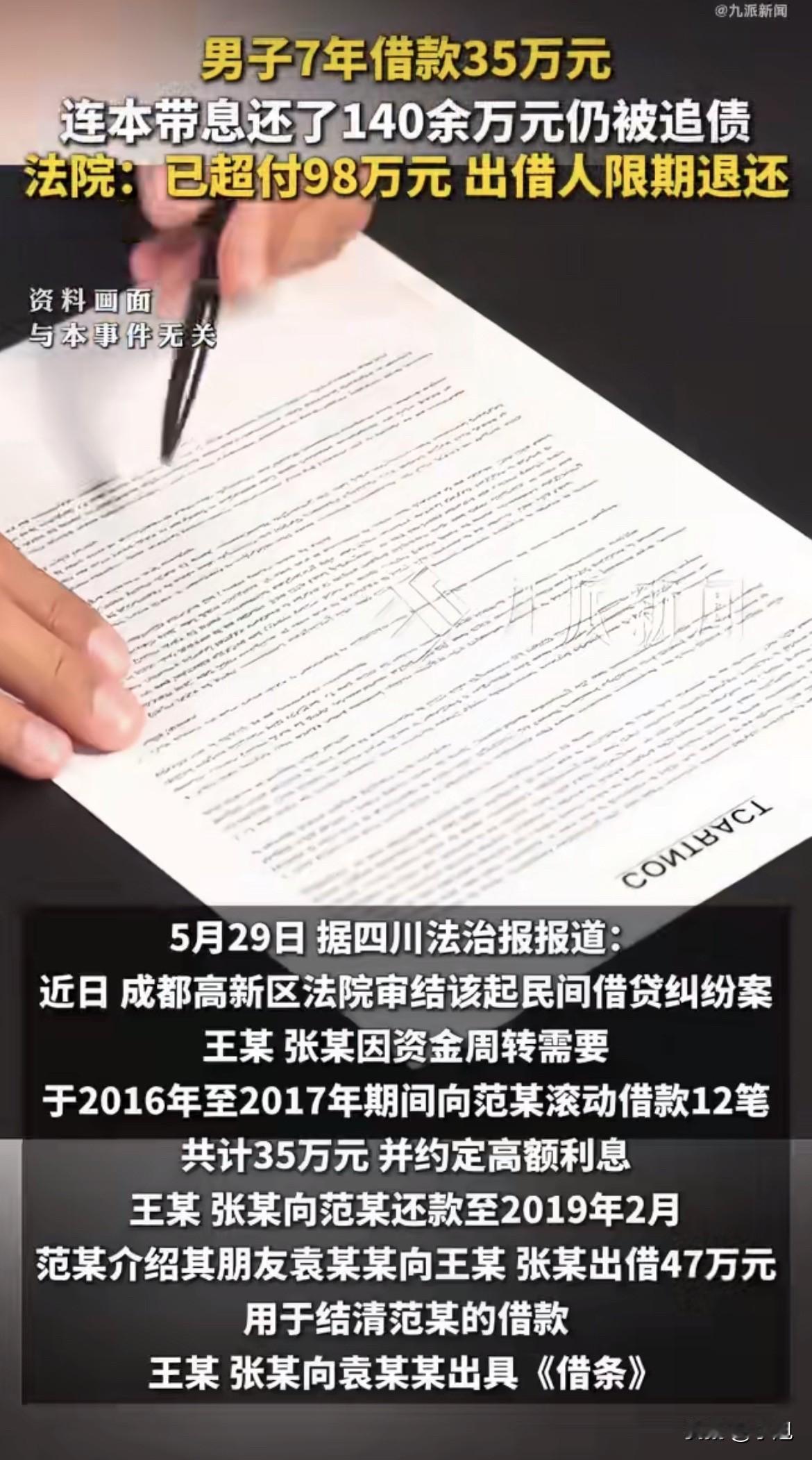 成都两个人。借35万，还140多万。还没还清。法院最后判：出借人倒找98万。
