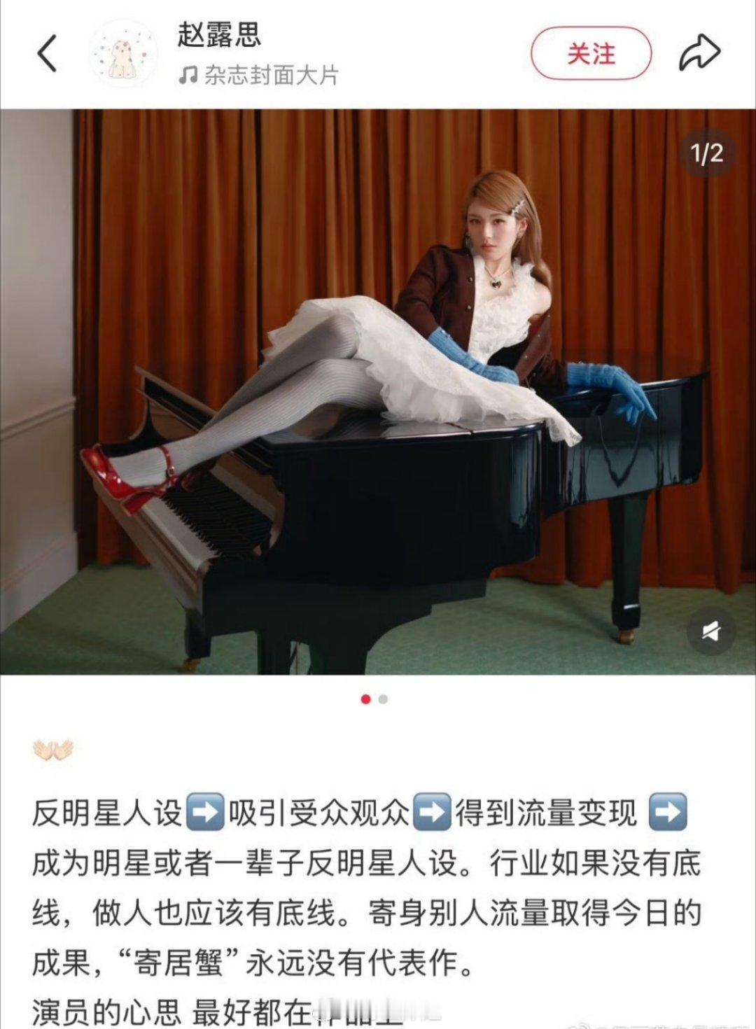 赵露思某薯发帖：行业如果没有底线 做人也应该有底线，演员的心思最好都在作品上，寄